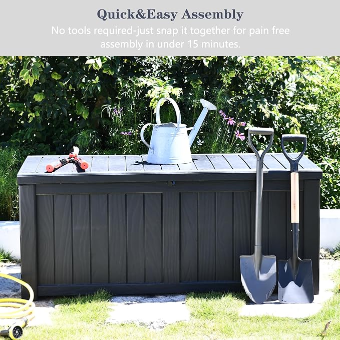 Modern-Depo 120 Gallon PP Deck Box Waterproof Outdoor Storage Box with Lockable Lid, Bench Organization Container for Patio Furniture Cushions, Garden Tools, Pool Supplies, Black