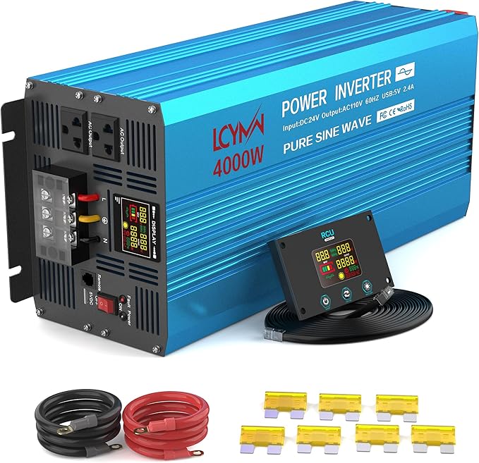 4000 Watt Pure Sine Wave Power Inverter DC 24V to 110/120V AC with 2 AC Charger Outlets and Wiring Terminal 8000W Peak Car Solar Converter for Vehicles Home with LCD Display and 2.4A USB Charging Port