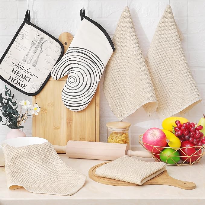 Homaxy 100% Cotton Waffle Weave Kitchen Dish Cloths, 4-Pack, Beige | 12 x 12 Inches, Ultra Soft Absorbent Dish Towels, Quick Drying Dish Rags with Hanging Loop
