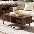 Mid Century Modern Coffee Table with Grooved Drawers & Open Storage, 47" MDF Walnut Wood Center Table with Black Solid Wood Legs, Retro Living Room Furniture
