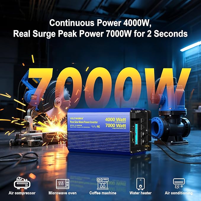 4000W Pure Sine Wave Inverter 24V DC to 110V 120V Power Inverter 7000W Surge Peak Power for 2S, FCC Approved, 4AC Outlets, Fast Charging USB, LCD Display, Wireless Remote for RV Off-Grid Solar Car