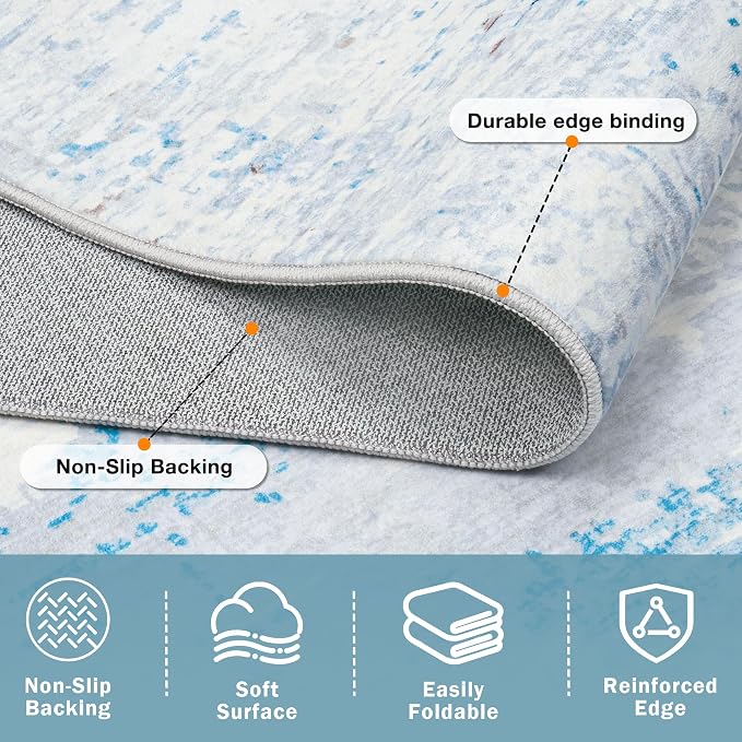 8x10 Washable Area Rug for Living Room Bedroom: Non-Slip Modern Light Blue | Machine Washable TPR Backing, Stain-Resistant Low Pile, Pet & Kid Friendly, Abstract Decor for Dining Room, Dorm, Home Office