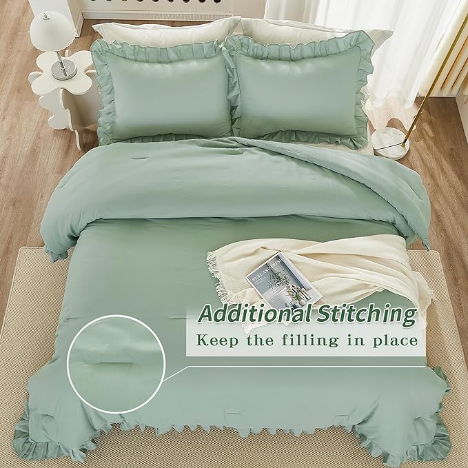 Andency Sage Green Comforter Set King, 3 Pieces Vintage Farmhouse Shabby Chic Ruffle Comforter, Lightweight Soft All Season Microfiber Down Alternative Bedding Comforter Set (104x90Inch, Green)