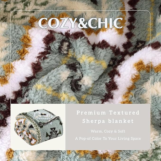 CASAAGUSTO Boho Sherpa Throw Blanket, Aztec King Size Blanket, Ultra Soft, Warm, Cozy, Plush, Thick Fleece Bohemian Throw Blanket for Couch, Bed, Sofa (Olive Green 108 * 90 Inch)