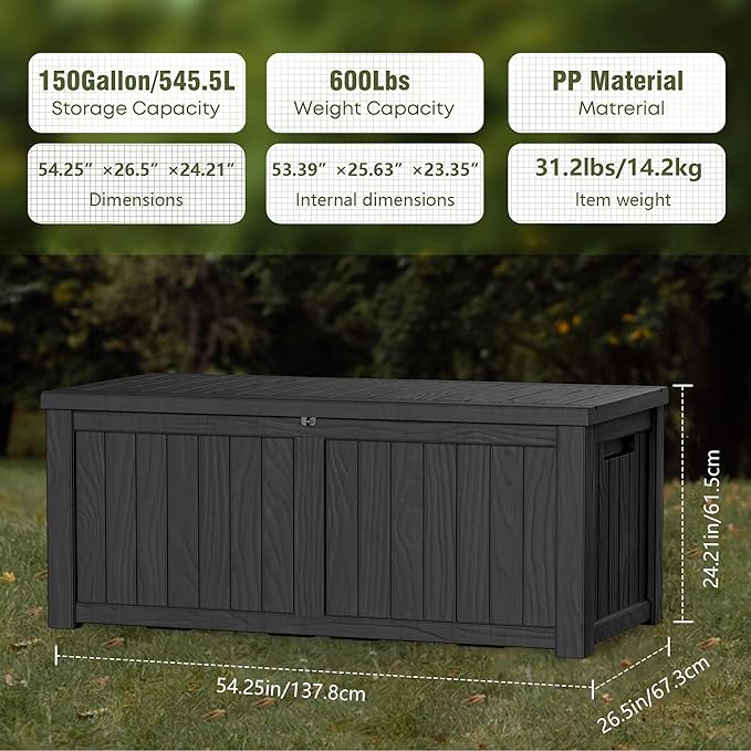 150GAL Black Large - Capacity Outdoor Deck Box with Lockable Compartment - Waterproof, SGS - Protected Against UV, Ideal for Storing Large Patio Furniture Sets and Seasonal Decor, Hassle