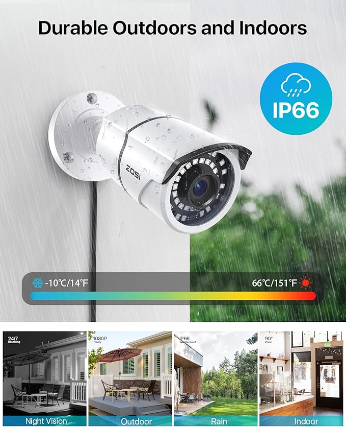 ZOSI 2MP 1080p Security Camera,4-in-1 TVI/CVI/AHD/CVBS Surveillance Bullet Camera Indoor Outdoor,Night Vision,Work for 960H,720P,1080P analog CCTV DVR