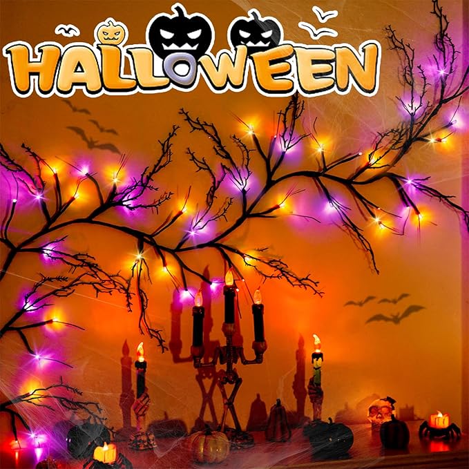 [8 Modes & Timer] Halloween Decorations Willow Vine Twig Garland, 6 FT 54LED Willow Vine Twig Lights Orange Purple LED Lights for Indoor Wall Fireplace Halloween Decorations