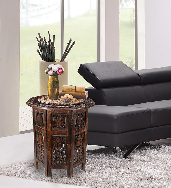 Lightnpro Handcrafted Wooden Round Accent Table - Vintage Farmhouse Octagonal Side End Table with Intricate Carvings for Living Room, Bedroom, Entryway - 18x18 Inch - Burnt