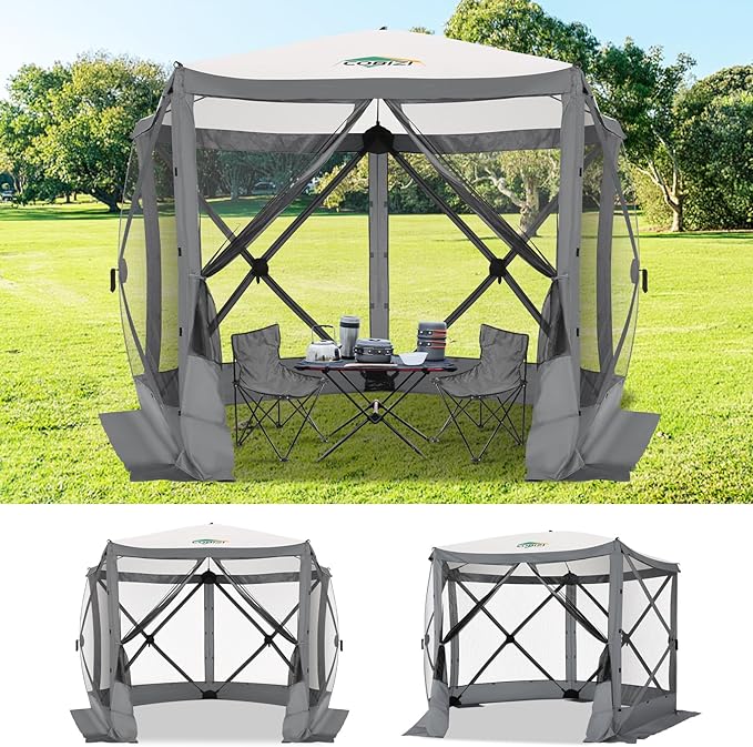 COBIZI 10x10 Pop up Gazebo Screen House Tent for Camping, Pop-up Camping Canopy with Mesh Windows,Portable Outdoor Quick-Set Hub Tent with Carrying Bag&Ground Stakes,Gray(Upgraded 2.0)