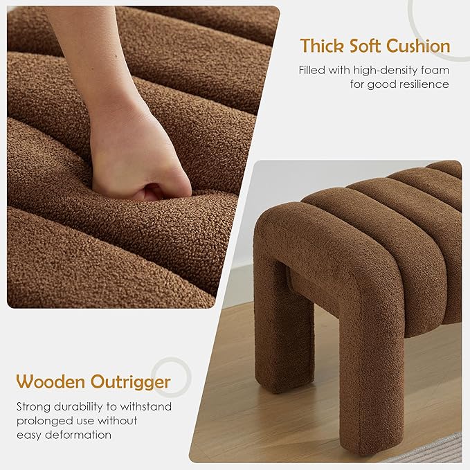43.3" Bedroom Bench, Upholstered Entryway Bench, Modern End of Bed Ottoman with Solid Wood Legs and Adjustable Foot Pegs for Entryway, Dining Room and Living Room (Brown Boucle)