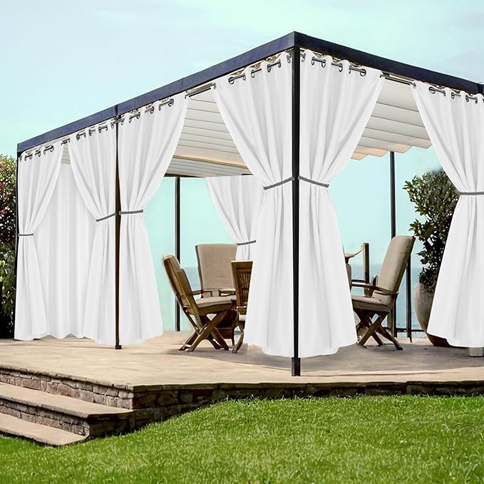 HolidayIdeas White Outdoor Curtains for Patio Waterproof 8 Pcs All Weather Balcony Grommet Top Outside Curtains for Apartments, Gazebo, Pergolas, Porch, 54x84 Inch