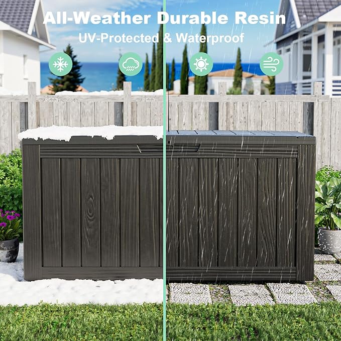 ROJIK Outdoor Storage Housing Deck Box - Waterproof Patio Furniture, Garden Tools, Cushions, Pool Accessories Storage Bench with Lockable Lid and Side Handles (Black 88 Gal)