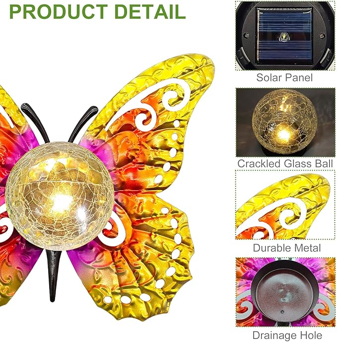 Solar Lights Outdoor Garden Butterfly Decor, Metal Butterfly Statue Decoration with LED Crackle Glass Globe, Solar Powered Lighted Garden Art Decor for Patio Lawn Yard Pathway Tabletop Ground