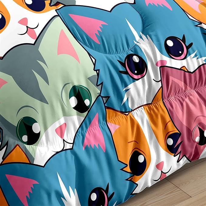 Cat Comforter Set for Girls - Balck Neon Cartoon Cats Bedding Set for Girls Bedroom Ultra Soft Cats Queen Size Comforter Set for All-Season with 1 Comforter and 2 Pillowcases Girls Room Decor