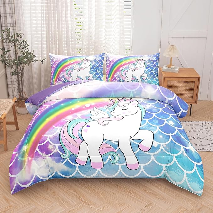 Tailor Shop Unicorn Comforter Sets King Size,Blue Unicorn Bedding Sets for Girls Kids Teens with 2 Pillowcase……