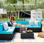 Pamapic Patio Furniture Set, 7 Pieces Modular Outdoor Sectional, Patio Sectional Sofa Conversation Set, Rattan Sofa with Coffee Table and Washable Cushions Covers, Black Rattan and Blue Cushions