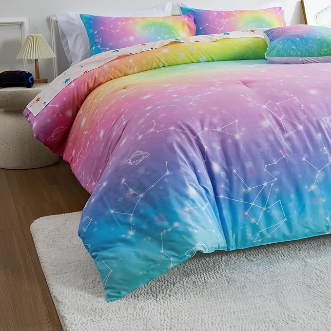 Btargot 6 Piece Tie Dye Constellation Comforter Set Bed in A Bag, Galaxy Rainbow Stars Pattern Bedding Set for Boys Girls Teen, Queen Multi