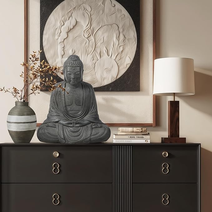 LuxenHome Buddha Statue Outdoor and Indoor, 17" Fiber Stone Meditating Buddha Garden Statues Outdoor, Zen Sculptures, Outdoor Statues for Garden, Patio, Backyard Deck