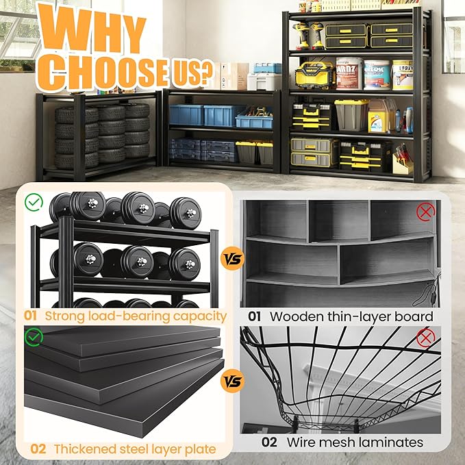 72" H Garage Shelving, Heavy Duty Storage Shelves, Garage Storage Shelves, Adjustable 5 Tier Metal Shelving Unit, Utility Shelves for Warehouse Backyard, 72" H×36" W×16" D