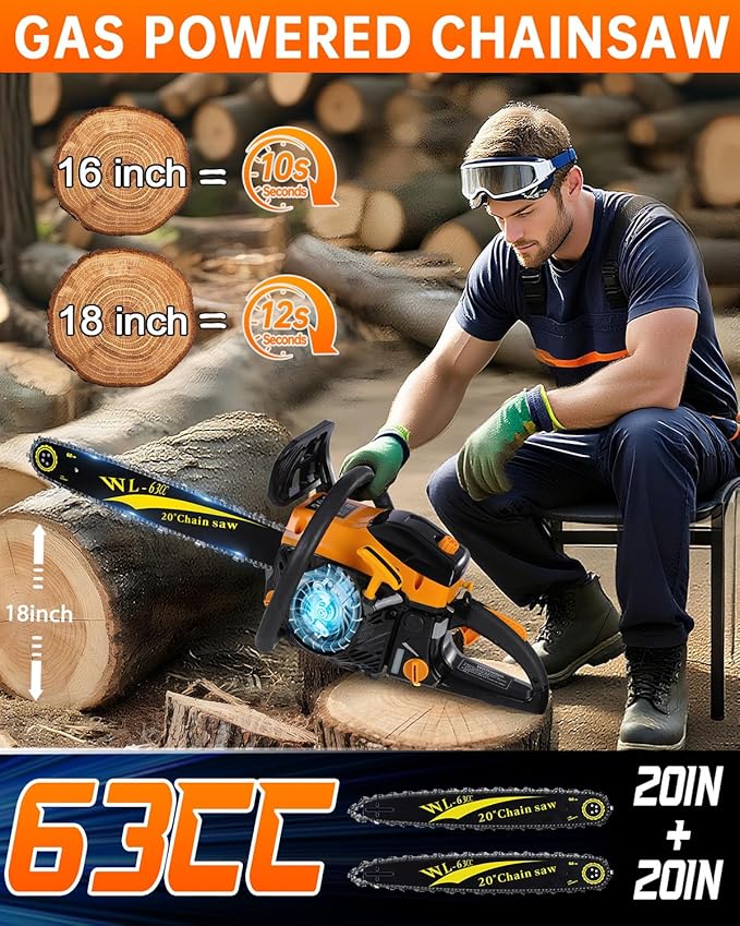 63cc Gas Powered Chainsaw, 3.2KW/3.2HP 2-Cycle Engine, 20-Inch Guide Bar, Professional Power Saw with CDI Ignition, Automatic Oiler & Anti-Vibration System for Heavy-Duty Use