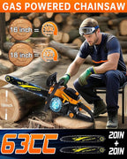 63cc Gas Powered Chainsaw, 3.2KW/3.2HP 2-Cycle Engine, 20-Inch Guide Bar, Professional Power Saw with CDI Ignition, Automatic Oiler & Anti-Vibration System for Heavy-Duty Use