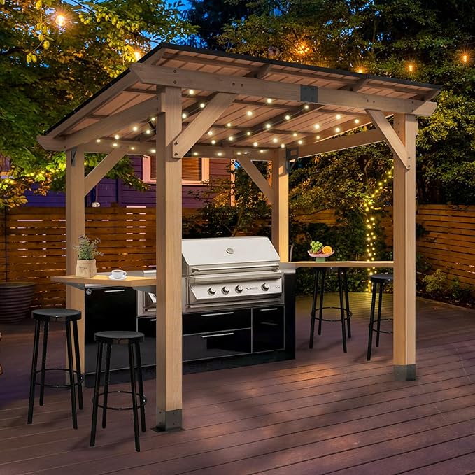CHARMELEON 6'x8' Wood Grill Gazebo, Cedar Wood BBQ Grill Gazebo with 2 Side Storage Shelves, Pavilion with Hardtop Sloping Steel Roof for Outdoor, Patio, Barbecue, Garden, Deck