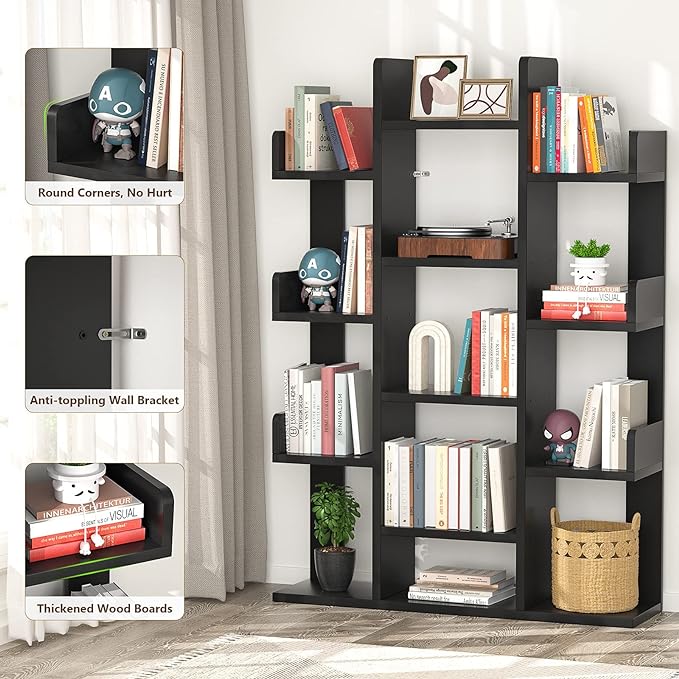 Aheaplus Bookshelf, Tree-Shaped Bookcase Storage Shelf with 13 compartments, Books Organizer Display Cube Shelves, Industrial Free Floor Standing Wood Open Bookshelves, Black