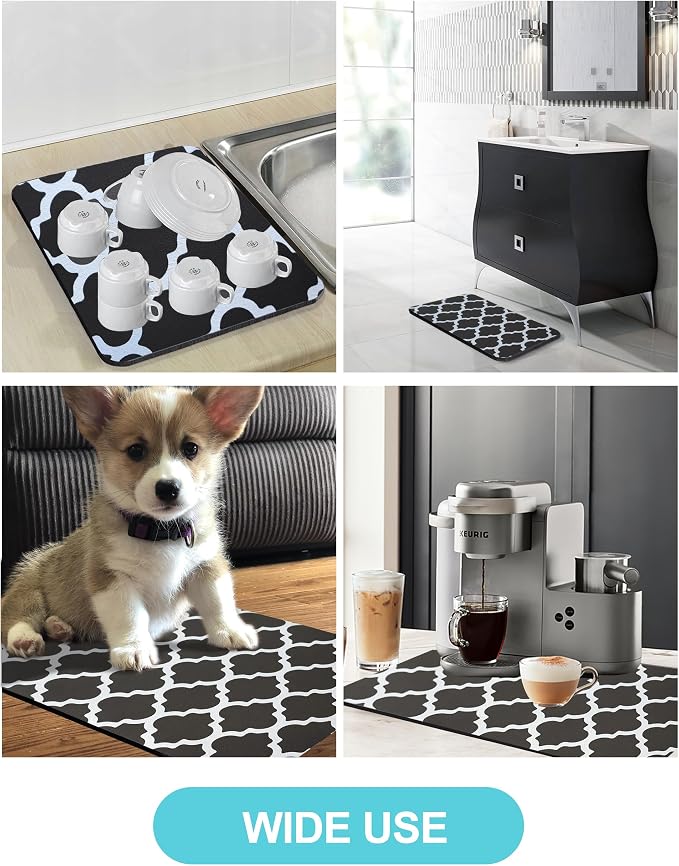 Dish Drying Mat for Kitchen Counter, 16"x24" Rubber Backed (Gray Trellis) | Hide Stain Anti Absorbent for Kitchen Counter, Non-slip Drying Mat for Coffee Machine Dish Rack