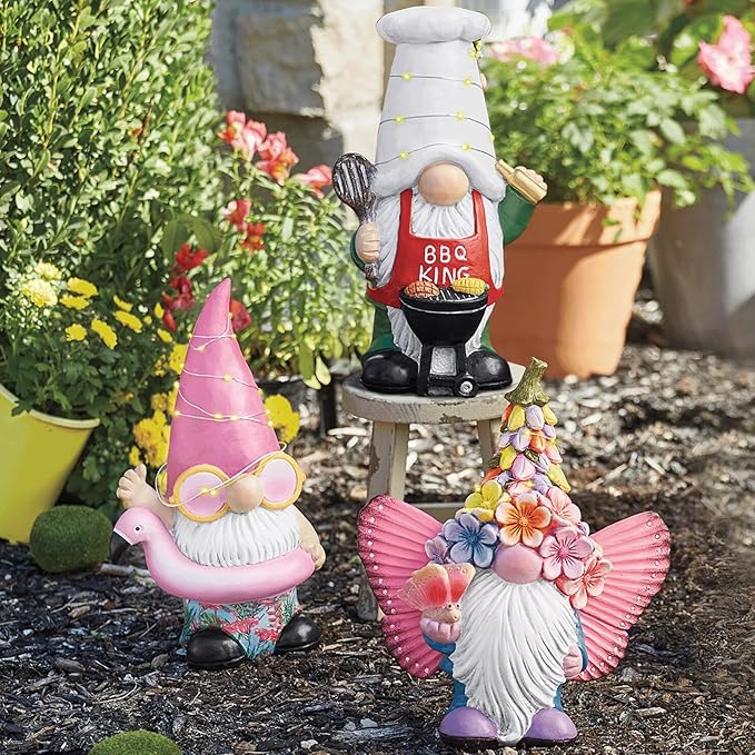 BAYN Garden Gnome Statues Outdoor Decor, Solar Powered Outdoor Gnome with Flamingo Swimming Decorative Yard Garden Lights Art Gifts with 11 Warm White LEDs