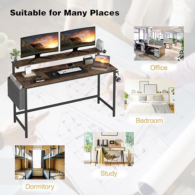 Shintenchi 55 inch Computer Desk with Monitor Stand, Stable Design Writing Desk, Study Workstation Home Office Table with Storage Bag & Hook, Vintage Brown