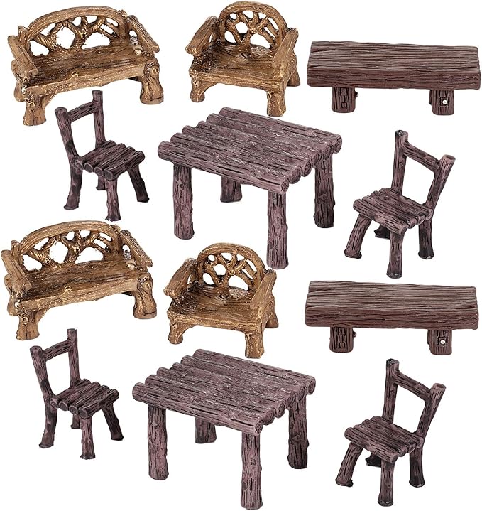 Skylety 12 Pieces Garden Furniture Ornaments Miniature Table and Chairs Set Village Micro Resin Bench Chair for Dollhouse Accessories Home Micro Landscape (Vintage Style)