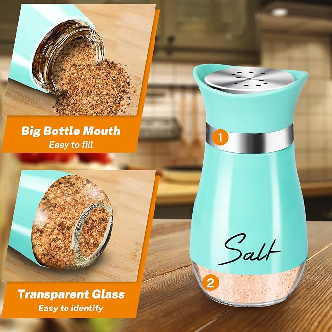 Salt and Pepper Shakers - 2-Piece 4 oz Cyan-Blue Glass Set with Steel Lids | Refillable Glass Shakers with Stainless Steel Lids for Cooking, Dining, RV Trips, Camping and BBQs; 4 oz Capacity Each.