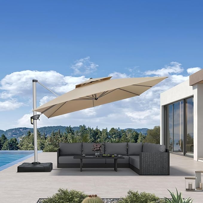 PURPLE LEAF 12ft Patio Umbrella Outdoor Square Umbrella Large Cantilever Umbrella Windproof Offset Heavy Duty Sun Garden Deck Pool Patio, Spectrum Sand