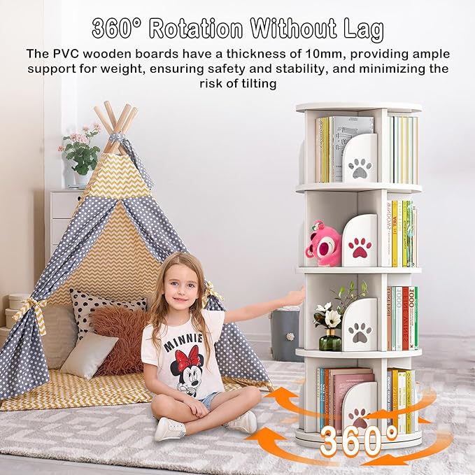 LEYUKEJI 360°Rotating Bookshelf 3-Tier Large Capacity 18" Diameter Kids Bookshelf PVC Plastic Display Cabinet,Corner Bookcase Space Saving Round Spinning Storage Rack With Small Silicone Hammer,White