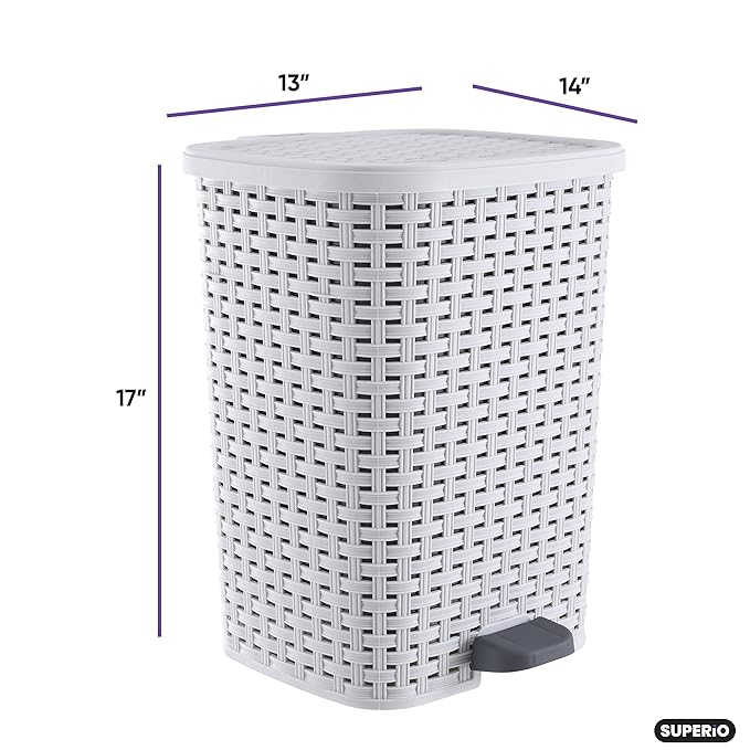 Superio Small Outdoor Trash Can with Lid for Dog Poop 6.8 Gallon/26 L Step On Plastic Garbage Can with Foot Pedal for Bathroom, Bedroom, Office, Patio, Wicker Smoke