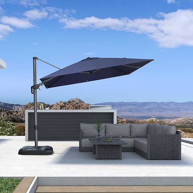 PURPLE LEAF 9' X 9' Left-right Tilt Patio Umbrella Outdoor Cantilever Swivel Square Umbrella with Tilt Aluminum Offset Umbrella with 360-degree Rotation for Garden Deck Pool Patio Navy Blue