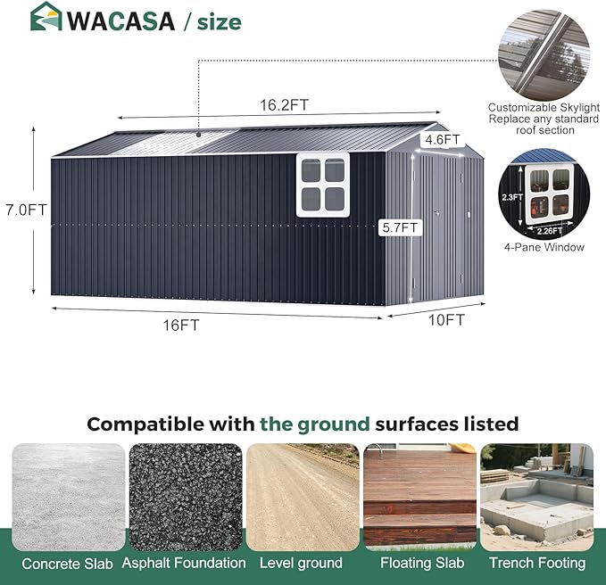 Metal Shed 10x16 FT Big with Heavy-Duty Reinforced Steel Frame and Customizable Skylight, Lockable Doors, 4-Pane Windows, Large Outdoor Storage for Garden, Tools, and Utility