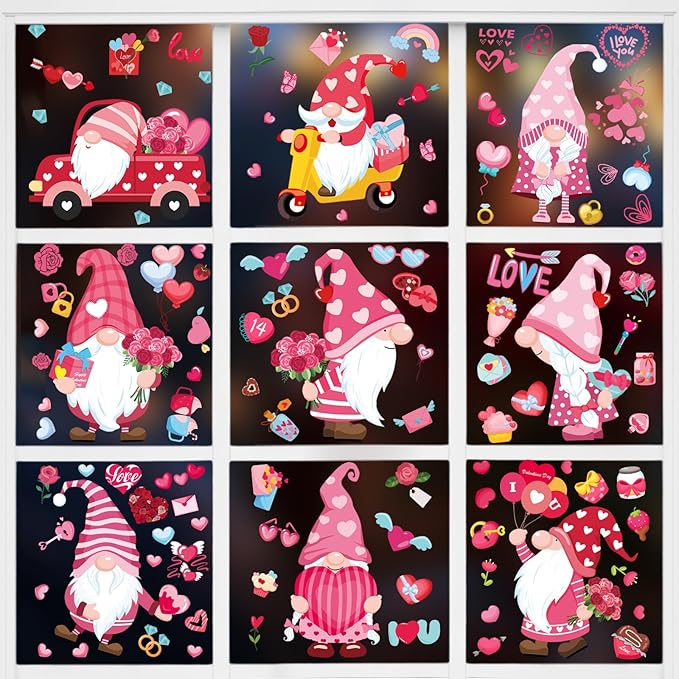 DC-BEAUTIFUL 107 PCS Valentines Window Clings, 9 Sheets Double-Sided Pink Love Heart Gnome Valentine Decoration Window Stickers, Reusable Static Holiday Window Decals for Home Wedding Party Decors