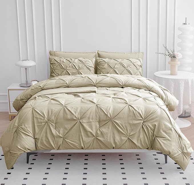 LANE LINEN King Comforter Set, 7 Piece King Size Bedding Set, Pintuck King Size Comforter Set with Sheets, Pillowcases & Shams, Soft King Bed in a Bag Set, King Size Bedding Set, King Bed Set - Linen