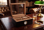 Premium Cigar Humidor - Holds 25-50 Cigars, Spanish Cedar Wood with Ebony Black Finish, Shatter-Resistant Glass Top, Built-In Hygrometer, Humidifier & Divider Included - 10.25" x 8.75" x 4.5"