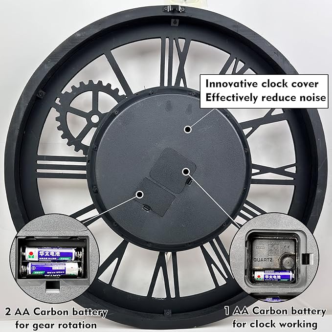 The B-Style Large Wall Clock 24 inch Moving Gear Wall Clock Oversized Vintage Farmhouse Wall Clocks for Living Room Decor Rustic Industrial Wood Clock (Gray and White)