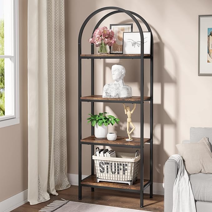4-tier Arched Bookshelf, Tall Open Bookcase Storage Shelves, Wood Metal Freestanding Display Rack Tall Shelving Unit for Home Office, Bedroom, Living Room, Rustic Brown