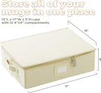 storageLAB Cup & Mug Storage Case | Hard Shell Felt Dividers | Cream | Hard shell case holds 12 cups or mugs in 4x4 felt compartments. Stackable, top-load, dual handles. Cream linen finish.