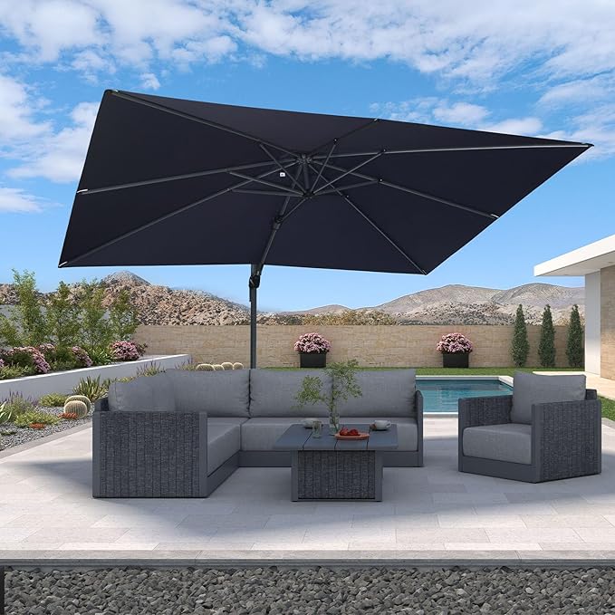 PURPLE LEAF 9' X 12' Left-right Tilt Patio Umbrella Outdoor Cantilever Swivel Rectangle Umbrella with Tilt Aluminum Offset Umbrella with 360-degree Rotation for Garden Deck Pool Patio Navy Blue