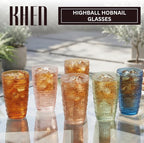 Khen Beaded Highball Tumbler Drinking Glasses Set | Set of 6 | Vintage Hobnail Bubble Design Whiskey Glassware, Old-Fashioned, Art Deco Glass for Water, Wine, Cocktail Dishwasher Safe (14.6 OZ)