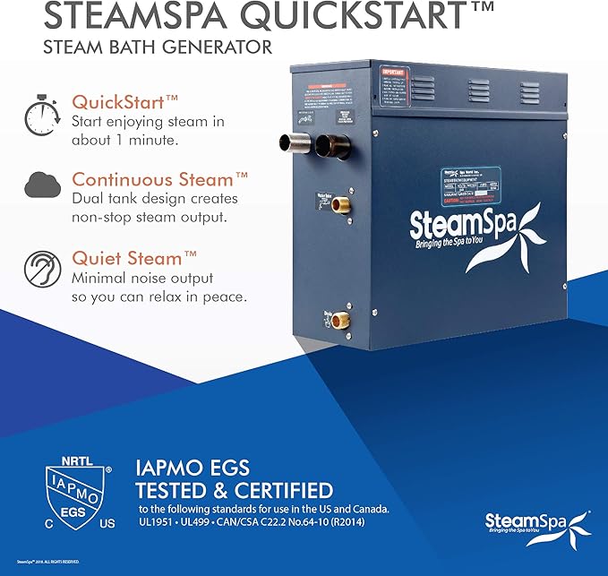 SteamSpa 4.5kW Steam Sauna Generator Executive Bundle 240V Steam Generator with Touch Pad, Steamheads, Pressure Relief Valve, Built-in Auto Drain, LED Light, Filter and Quick Install Kit EXT450CH-A