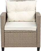 Outdoor Patio Furniture Sets, 4 Piece Rattan Conversation Sofa Wicker Sectional Couch with Chaise Lounge, Single Sofachair, Seat Cushions and Glass Table, for Garden Backyard Deck, Beige