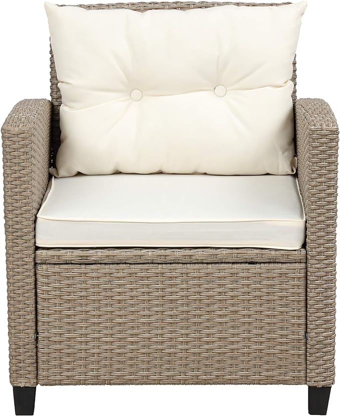 Outdoor Patio Furniture Sets, 4 Piece Rattan Conversation Sofa Wicker Sectional Couch with Chaise Lounge, Single Sofachair, Seat Cushions and Glass Table, for Garden Backyard Deck, Beige