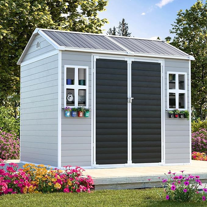 8x6x7 FT Resin Storage Shed, Waterproof Outdoor Shed w/Floor Included, 2 Windows, Double Lockable Doors & Vents,Outside Plastic Tool Sheds for Garden, Lawn, Backyard, Dove Grey