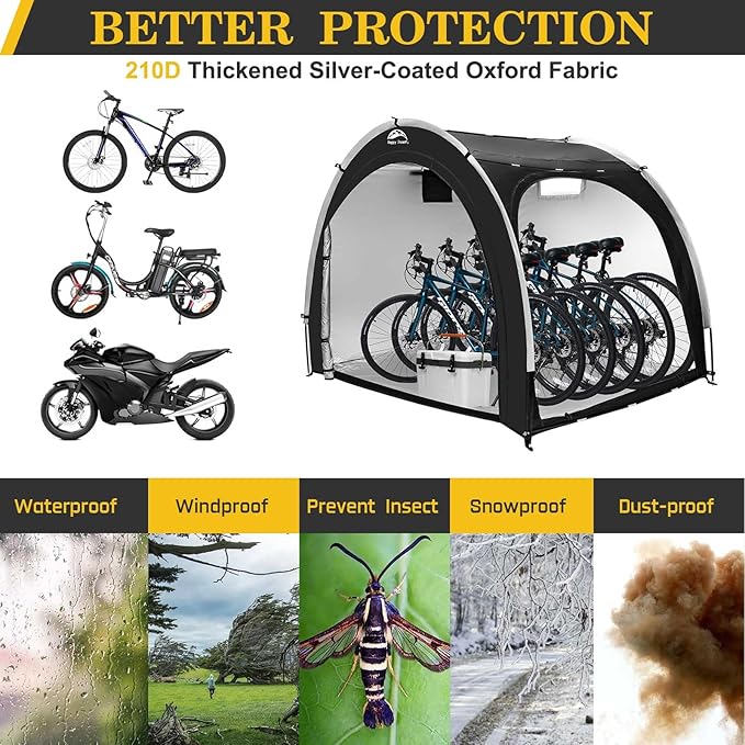 Happy Travel Bike Storage Shed Tent,Outdoor Portable Bicycle Storage Sheds with 210D Oxford Fabric PU4000 Waterproof for 2/3/4/6/8 Bikes,Bike Covers Shelter for Motorcycle,Garden Tools,Toys,Lawn Mower